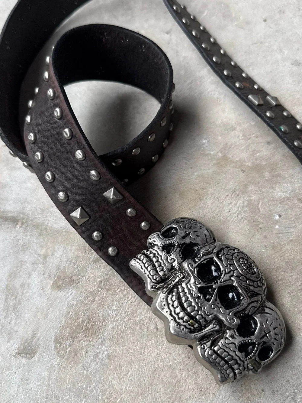 Lucky Brand Brown Studded Leather Belt with Triple Skull Buckle